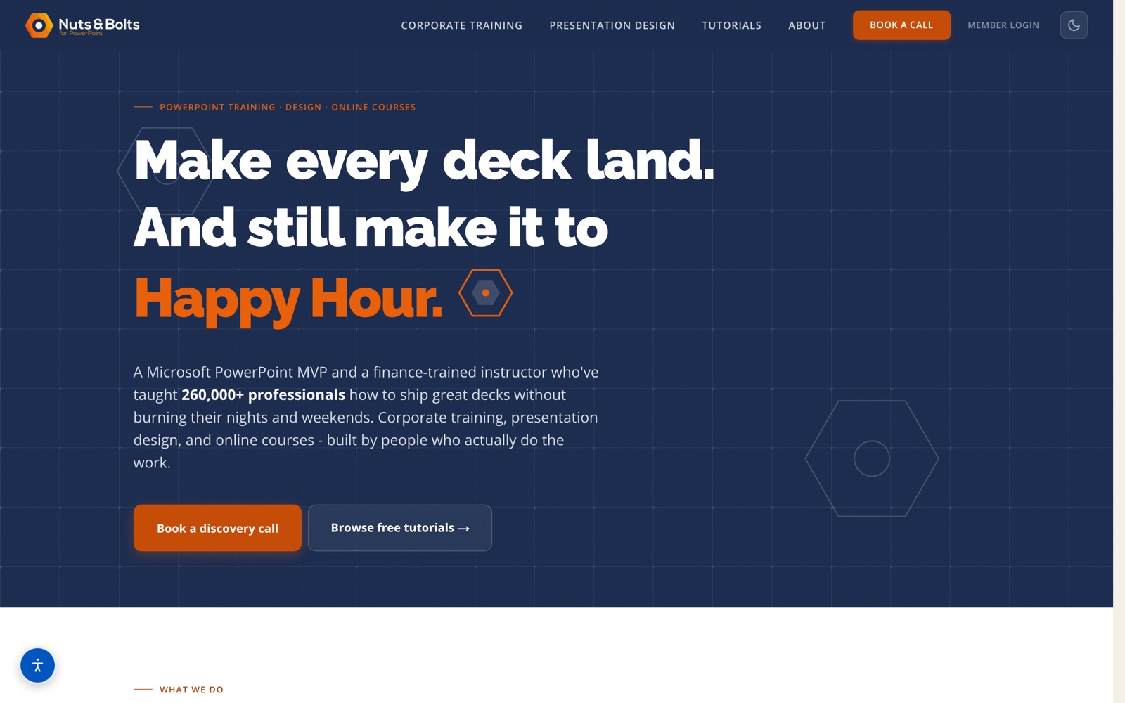 The rebuilt Nuts & Bolts homepage on a navy background with the headline Make every deck land