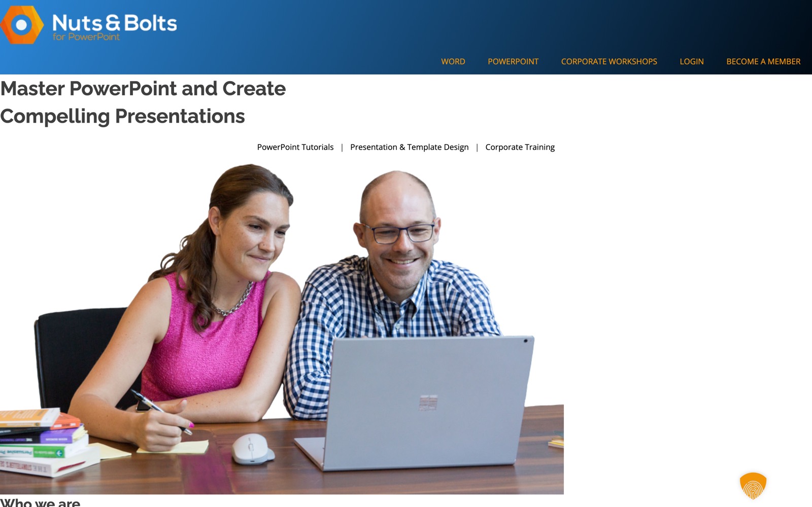 The old Nuts & Bolts WordPress homepage, showing the founders at a laptop under a blue gradient header